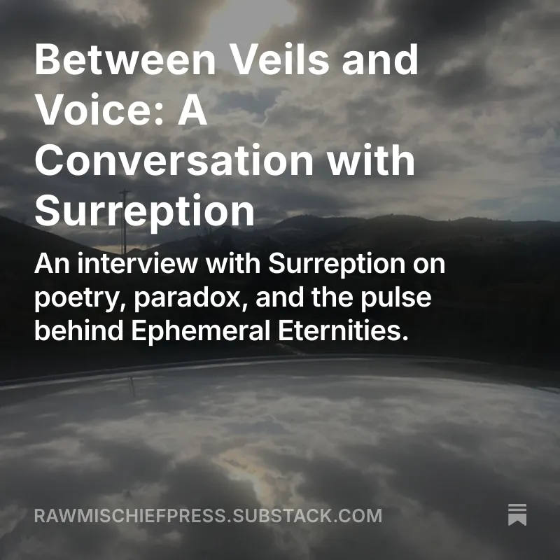 Between Veils and Voice - An Interview with Surreption - Substack poetry newsletter placard from Raw Mischief Press
